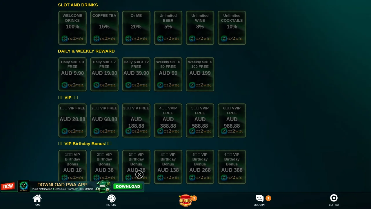 Oz2Win: Welcome Bonus and Promotions